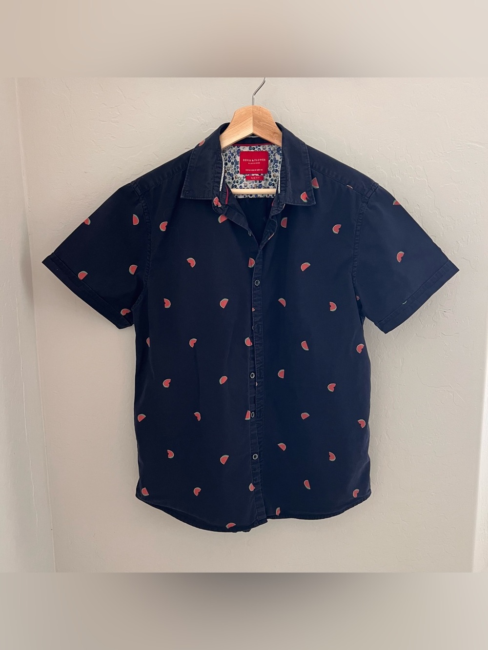 Denim & Flower RS Navy Short-Sleeve Button-Down Shirt with Pink Watermelon Print